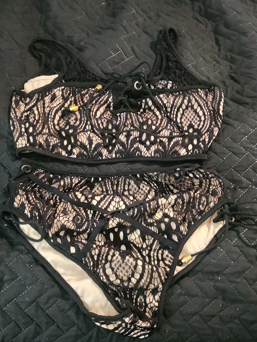 Swim | 2 Pc Black Lace Overlay Bikini Set With Beige Lining | Poshmark